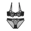 Conjunto de Sutiã e Calcinha de Renda Respirável para Mulheres, Minimiza Busto Grande, Transparente, Confortável, Anti-Queda, Novo Estilo com Design Profundo nas Costas