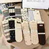 Songmu calcetines de algodón de estilo coreano para mujer, calcetines hasta la pantorrilla con estampado floral y lazo, combinación de colores café y gris, calcetines dulces