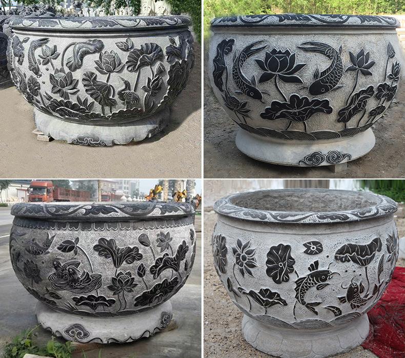 仿古鱼缸石雕花盆摆件
