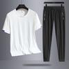 Traje informal de verano de seda helada para hombre, deportivo, para exteriores, holgado, de dos piezas, transpirable, de secado rápido, con cuello redondo, camiseta y pantalones