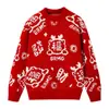Suéter Vermelho Festivo de Ano Novo para Casal Jacquard da Sorte Tricô Solto Marca Moderna Tricô Quente