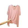 Camiseta Holgada de Cuello V Asimétrica con Manga Tres Cuartos Verano Delgada de Modal Talla Grande Top de Media Manga Color Sólido Camisa Básica