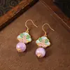 Brincos Originais Novos de Cristal Kunzita Natural Estilo Chinoiserie Esmalte Frio Nicho Alto Padrão Feminino Retrô Chinoiserie