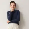 Camiseta básica sin costuras 100% cachemira pura de cuello semi-alto para mujer, top de manga larga ajustado a la moda para otoño e invierno