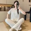 6535 Pijama de Algodão para Mulheres Primavera e Verão Novo Estilo Doce e Fresco Floral Manga Curta Calça Longa Modelagem Solta Conjunto de Roupa de Casa para Menina