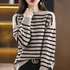 Suéter Listrado de Gola Redonda para Mulheres, Caimento Solto, Novo Estilo Outono e Inverno, Estilo Preguiçoso, Tricô Casual Versátil, Camada de Base Fashion Versátil