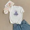 Camiseta roxa estilo coreano, corte solto, com estampa de pera, mangas curtas, algodão fino tipo floco de neve, top respirável e versátil para mulheres