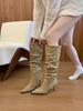 Botas Largas Caídas de Tacón de Aguja Puntiagudas de Color Caqui para Mujer, Otoño 2026, Adecuadas para Combinar con Vestidos, Botas Retro Ajustadas de Media Pantorrilla Estilo Equitación