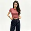 Camiseta de manga corta para mujer, estilo nuevo de verano, hombro normal, bloques de color, rayas, moda retro, adelgazante, rejuvenecedor, top corto