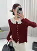 Jaqueta Cardigan de Tricô com Gola Laço de Veludo Boneca Andi para Mulheres, Nova Roupa de Outono e Inverno, Suéter Jovem e Estiloso para Mulheres