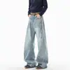 Calça jeans estilo americano com listras laterais, unissex, modelagem solta, design patchwork, calça longa de perna curva, retrô e moderna, com um design distinto