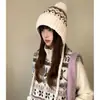 Gorro de Lana Jacquard Fair Isle para Mujer, Gorro de Punto de Invierno Lindo con Bola de Pelo para Protección de Orejas, Gorro Cálido para Pullover