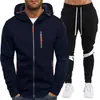Nuevo Conjunto Deportivo Casual de Color Sólido para Hombre 2024 Sudadera con 4 Cremalleras Cardigan de Felpa con Capucha Conjunto de 2 Piezas para Hombre