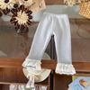 [En Stock] Leggings Forrados de Felpa para Niñas Qk252236 Otoño e Invierno 2025 Pantalones Cálidos Integrados con Felpa, Moño y Encaje
