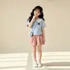Conjunto de Top con Cuello Polo de Manga Corta y Pantalones de Moda para Niñas, Nuevo Estilo de Verano con Bloques de Color, Atuendo Casual para Niños Mayores