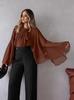 Blusa de Gasa Elegante de Estilo Europeo y Americano para Primavera, Delgada, con Mangas Murciélago, Diseño Elegante, Volantes para Atar y Mangas Largas para Mujer