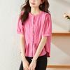 Camisa Rosa-Morada de Manga Corta Algodón Cocoon para Mujer, Nuevo Estilo Verano 2026, Cuello Redondo, Top Petite, Camisa Casual de Algodón Puro