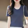 Nova camiseta de verão 100% algodão com gola redonda e listras de manga curta para mulheres, top básico de tricô slim fit estilo coreano moderno para mulheres