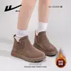 Botas cortas de peluche color sólido estilo minimalista para mujer, botas de algodón peludo cálidas de suela gruesa, zapatos perezosos sin cordones para mujer
