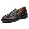Mocasines de Cuero Marrón para Mujer 2026 Estilo Nuevo Estilo Británico Versátil Estilo Universitario Sin Cordones Tacón Grueso Zapatos de Cuero para Mujer
