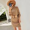 Amazon Europeo y Americano Otoño e Invierno Nuevo Color Puro Largo Jersey de Punto Vestido Suéter de Cuello Alto de Manga Larga