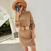 Amazon Europeo y Americano Otoño e Invierno Nuevo Color Puro Largo Jersey de Punto Vestido de Punto Manga Larga Cuello Alto Vestido de Punto