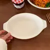 Plato Cerámico Blanco Puro Estilo Coreano para Arroz al Horno con Ensalada, Doble Asa, Plato de Alta Apariencia para Uso Doméstico, Plato para Postre y Ensalada, Plato Profundo Ovalado