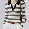 Suéter de Punto Sin Mangas Color Block Rayado con Cuello Polo Estilo Coreano para Mujer, Primavera, Otoño, Invierno, Corte Ajustado, Adelgazante, Suéter Superior de Abrigo