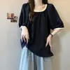 T-shirt Top Verão Novo Patchwork Color Block Manga Bufante Feminino Plus Size Gola Redonda Moda Emagrecedor Manga Curta