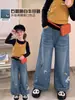 Jeans para Niña Otoño Nuevo Estilo Pantalones Blancos de Pierna Ancha Lavado a la Piedra para Niños Mayores con Bordado de Lazo y Cuentas