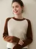 Suéter de Cachemira de Nuevo Estilo Otoño e Invierno 2025 con Color de Contraste para Mujer, Suéter de Capa Base Tejido, Suéter Cálido de Manga Larga de Cachemira