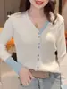 Suéter de punto tipo tweed con bloques de color, cárdigan de punto para mujer, nueva colección principios de otoño 2026, estilo coreano, suave, moderno y versátil