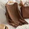 Nova camiseta de algodão vintage solta versátil de verão, top sem mangas de algodão e linho plus size feminino com gola redonda