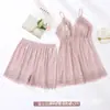 Pijama Feminino de Verão Fino Seda Gelada Renda Sexy Alça Longa Camisola Conjunto de Quatro Peças Roupas Caseiras Femininas com Bojo