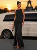 Vestido formal elástico de un hombro estilo europeo y americano con tiras laterales, abertura alta, corte ajustado, bodycon, vestido de noche de cola de pez