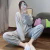 Pijama Feminino Estilo Coreano Outono e Primavera Conjunto de Roupas para Casa Fofo Sorridente Doce Solto Feminino