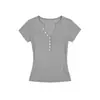 Venta de Liquidación Heyhenry Camiseta Sencilla de Manga Corta con Cuello en V para Mujer, Corte Ajustado, Top Casual de Hombro Normal para Verano
