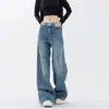 Jeans Wide Leg Azul Retro Americano para Mulheres, Calça Reta de Cintura Alta Versátil Tendência de Verão Nova