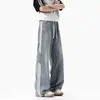 Jeans Masculino Wide-Leg Lavado com Três Listras Estilo High Street Americano Solto Reto Tendência Casual Calça Masculina Primavera Cordão