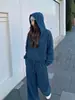 Conjunto de jaqueta moletom com capuz esportivo casual azul e calça para mulheres, novo conjunto estilo coreano outono 2026