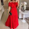 Vestido de Verano Sexy Estilo Bohemio Europeo y Americano, con Escote de Una Sola Línea, Cintura Ceñida, Manga Corta y Falda Larga que Cubre el Pecho