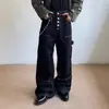 Jeans de Trabalho Retro Americano Outcast com Design de Botão Joelho Duplo Unissex Calça Casual Reta Solta