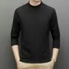 Camiseta térmica de terciopelo de doble cara con cuello medio, manga larga holgada para hombre, otoño e invierno, forrada de forro polar, cálida, de cuello alto, versátil, camiseta básica de forro polar