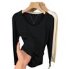 Foto Real de Nueva Camiseta Suelta de Manga Larga para Mujer en Primavera y Otoño Cintura Plisada Aspecto Adelgazante Camiseta Básica Top de Manga Larga para Mujer de Principios de Otoño