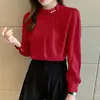 Foto Real de Camisa de Satín para Mujer, Camisa Base Elegante de Manga Larga con Perlas, Camisa de Gasa Diseño Otoño 2026