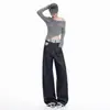 Jeans anchos de pierna ancha para mujer, diseño de bloques de color patchwork a rayas, color naranja joven, corte holgado, adelgazante, favorecedor, versátil y de largo hasta el suelo