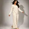 Conjunto de loungewear de malha escovada estilo europeu e americano para mulheres, com decote em V, cordão, mangas compridas, calças de perna reta e perna larga, e um conjunto de pijama macio e confortável