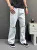 Calça Jeans Reta Branca Leve de Verão para Homens, Estilo Retro Americano, Perna Larga Solta, Emagrecedora, Calça Longa Versátil na Moda