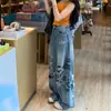 Jeans para Mujer de Verano 2026 Estilo Retro Americano Desgastado de Cintura Alta, Corte Holgado, Adelgazantes, Diseño Único, Pantalones de Pierna Ancha Caídos, Azul