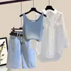 Conjunto de Verano para Mujer Tallas Grandes 2025 Nuevo Estilo Camisa con Protección Solar, Camisola, Shorts de Mezclilla Conjunto de Tres Piezas Adelgazante